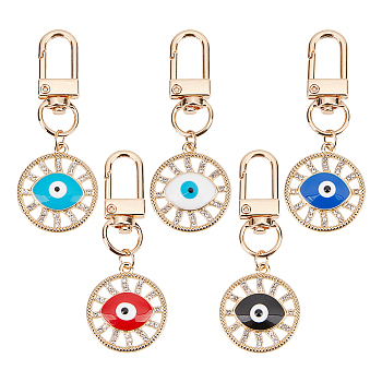 5Pcs 5 Style Flat Round with Evil Eye Alloy Enamel Pendant Decorations, with Light Gold Tone Iron Swivel Clasp, Mixed Color, 62mm, 1pc/style