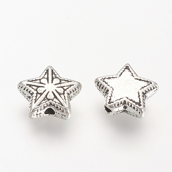 Tibetan Style Alloy Beads, Star, Cadmium Free & Lead Free, Antique Silver, 9.5x10.5x4mm, Hole: 1mm