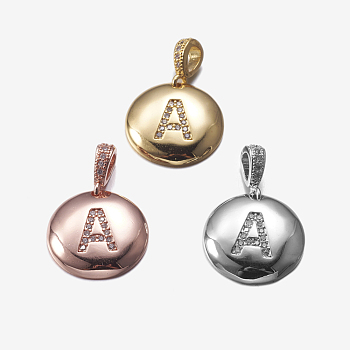 Brass Pendants, with Cubic Zirconia, Cadmium Free & Lead Free, Flat Round with Letter, Mixed Color, Letter.A, 22mm, Hole: 2x3mm, Pendant: 15x3mm