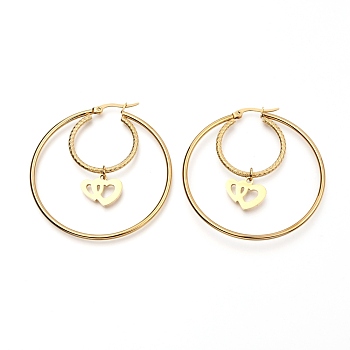 304 Stainless Steel Hoop Earrings, Textured, Ring Shape with Double Heart, Golden, 53x50x2mm, Pin: 0.7mm