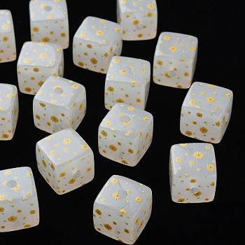 Printed Acrylic Beads, Square with Flower Pattern, Gold, 16x16x16mm, Hole: 3mm