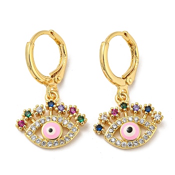 Evil Eye Real 18K Gold Plated Brass Dangle Leverback Earrings, with Enamel and Cubic Zirconia, Pearl Pink, 25.5x15mm