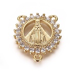 Brass Cubic Zirconia Chandelier Component Links, 3 Loop Connectors, Religion, Flower with Saint, Clear, Golden, 18.5x16x3mm, Hole: 1mm(ZIRC-F108-05G)