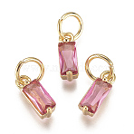 Brass Micro Pave Cubic Zirconia Charms, Cadmium Free & Lead Free, Long-Lasting Plated, with Jump Ring, Real 18K Gold Plated, Rectangle, Hot Pink, 10x3x3mm, Hole: 3mm(X-ZIRC-F111-03G-02)