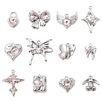 12Pcs 12 Style Rack Plating Alloy with Pink Glass Pendants, with Enamel, Heart & Star & Tooth & Butterfly & Cross Charms, Platinum, 17~30x12~28x3~7mm, hole: 1.6~3.5mm, 1Pc/style(FIND-YW0003-35)