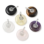 Natural Mixed Stone Pendants, Coin Charms with Brass Lotus Flower, Platinum, Mixed Dyed and Undyed, 34.5~35x30x8~11mm, Hole: 3.5x3.5mm(GG-CBAF4FB-02S-A)
