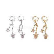 Brass Micro Pave Cubic Zirconia Dangle Hoop Earrings, Sea Turtle with Starfish/Sea Stars, Clear, Platinum & Golden, 53mm, Pin: 1mm(EJEW-F224-04)