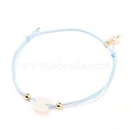 Adjustable Polyester Braided Cord Bracelet, Link Bracelet, with Round Natural Pearl Beads, Brass Beads and Shell Links, Heart, Light Blue, Inner Diameter: 2-1/8~3 inch(5.4~7.5cm)(BJEW-JB05541-04)