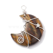 Natural Tiger Eye Copper Wire Wrapped Pendants, Moon with Star Charms, Platinum, 44.5x35x11.5mm, Hole: 4mm(PALLOY-JF02686-01)