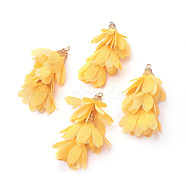 Iron Big Pendants, with Chiffon, Flower, Golden, Gold, 50~52x22~28mm, Hole: 2mm(IFIN-G081-A11)