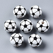 Painted Natural Wood European Beads, Large Hole Beads, Printed, Football, White, 16x15mm, Hole: 4mm(X-WOOD-S057-050)