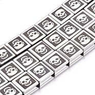 Electroplate Non-magnetic Synthetic Hematite Beads Strands, Square with Skull, Platinum Plated, 8x8x5mm, Hole: 2mm, about 50pcs/strand, 15.7 inch(G-Q986-010C)