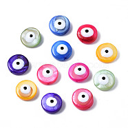 Natural Freshwater Shell Beads, with Enamel, Dyed, Flat Round with Evil Eye, Mixed Color, 10x4~5mm, Hole: 0.8mm(SHEL-S278-003)