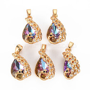 Rack Plating Brass Micro Pave Clear Cubic Zirconia Charms, with Faceted Glass, Long-Lasting Plated, Cadmium Free & Lead Free, Peacock, Dark Orchid, 22x12.5x10mm, Hole: 3x4mm(KK-T060-29-RS)