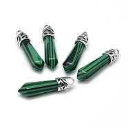 Bullet Platinum Plated Alloy Synthetic Malachite Pointed Pendants, Cadmium Free & Lead Free, 33~40x8~9mm, Hole: 3x4mm(G-F228-06M-RS-1)