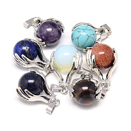 Natural & Synthetic Mixed Stone Pendants, with Iron Findings, Hand with Round Ball, Platinum, 30~32x20~21x16~17mm, Hole: 3x8mm(G-Q481-111)