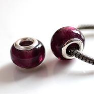 Handmade Silver Foil Glass European Beads, with Silver Color Plated Brass Cores, Rondelle, Purple, 14x10mm, Hole: 5mm(LPDL-R008-02)