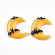 Resin Cabochons, Halloween Moon with Bat, Gold, 26.5~27x22.5~23x7mm(X-CRES-T013-02)