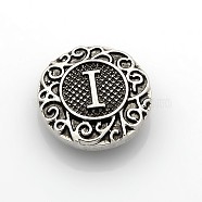Antique Silver Tone Zinc Alloy Enamel Letter Jewelry Snap Buttons, Flat Round, Lead Free & Nickel Free & Cadmium Free, Letter.I, 19x6mm; Knob: 5mm(SNAP-N010-86I-NR)