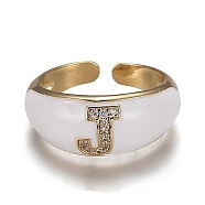 Brass Micro Pave Clear Cubic Zirconia Cuff Rings, Open Rings, with Enamel, Cadmium Free & Lead Free, Golden, Letter.J, US Size 7 1/4, Inner Diameter: 17.6mm(RJEW-H538-03G-J)