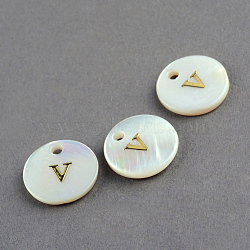 Freshwater Shell Pendants, Flat Round with Gold Blocking Letter.V, 11.5x2mm, Hole: 1.5mm(SSHEL-S249-V)