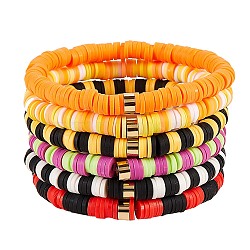 Handmade Polymer Clay Heishi Beads Stretch Bracelets Sets, with Golden Plated Stainless Steel Spacer Beads, Mixed Color, Inner Diameter: 2 inch(5.2cm), 6pcs/set(BJEW-JB05902-10)