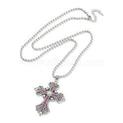Cross Rhinestone Pendant Necklaces, with Antique Silver Alloy Ball Chains, Rose, 27.56 inch(70cm)(FK0815-9)