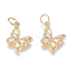 Brass Micro Pave Cubic Zirconia Pendants, with Jump Ring, Long-Lasting Plated, Butterfly, Clear, Golden, 10x11x2mm, Hole: 1.8mm(ZIRC-G168-34G)