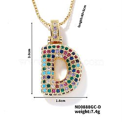 Brass Pave Colorful Cubic Zirconia Letter Pendant Box Chain Necklaces, Golden, Letter D, 15.75 inch(40cm)(NU0575-4)