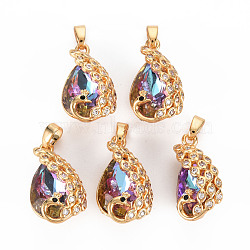 Rack Plating Brass Micro Pave Clear Cubic Zirconia Charms, with Faceted Glass, Long-Lasting Plated, Cadmium Free & Lead Free, Peacock, Dark Orchid, 22x12.5x10mm, Hole: 3x4mm(KK-T060-29-RS)