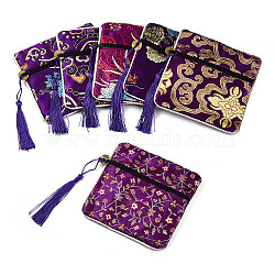 Chinese Brocade Tassel Zipper Jewelry Bag Gift Pouch, Square with Flower Pattern, Dark Violet, 11.5~11.8x11.5~11.8x0.4~0.5cm(ABAG-F005-07)