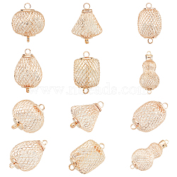 Elite 12Pcs 6 Styles Iron Bead Cage Connector Charms, with Resin Beads Inside, Hollow Lantern Link, Round & Teardrop & Column & Oval, Mixed Shapes, Light Gold, 35~64.5x24~30mm, Hole: 4.5mm, 2pcs/style(FIND-PH0009-39)