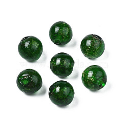 Handmade Gold Sand Lampwork Beads, Round, Green, 9~10x9~10mm, Hole: 1.5mm(LAMP-T016-09A)