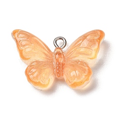 Transparent Resin Pendants, Butterfly Charm, with Platinum Iron Eye Pin & Glitter Powder, Orange, 17.5x28x7.5mm, Hole: 2mm(RE-CBA5B90-03A)