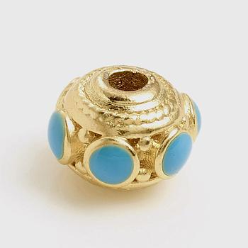 Matte Gold Color Brass Bumpy Beads, with Enamel, Long-Lasting Plated, Rondelle, Deep Sky Blue, 8x5.5mm, Hole: 1.8mm