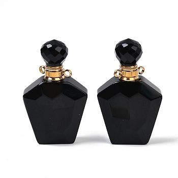 Natural Obsidian Openable Perfume Bottle Pendants, Faceted, with Golden Tone 304 Stainless Steel Findings, 37.5x22.5x11mm, Hole: 1.8mm