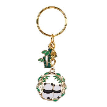 Panda & Bamboo Alloy Enamel Pendant Keychains, with Iron Split Key Rings, Golden, 7.85cm