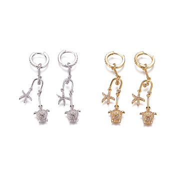 Brass Micro Pave Cubic Zirconia Dangle Hoop Earrings, Sea Turtle with Starfish/Sea Stars, Clear, Platinum & Golden, 53mm, Pin: 1mm