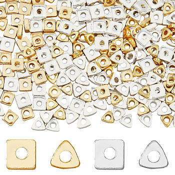 320Pcs 4 Style Brass Beads, Long-Lasting Plated, Triangle/Square, Golden & Silver, 3x3x1mm, Hole: 1mm, 80pcs/style