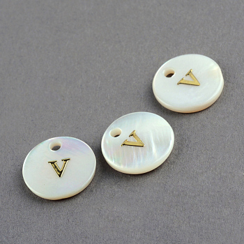 Freshwater Shell Pendants, Flat Round with Gold Blocking Letter.V, 11.5x2mm, Hole: 1.5mm