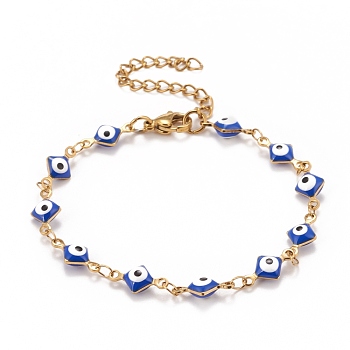 Enamel Rhombus with Evil Eye Link Chains Bracelet, Vacuum Plating 304 Stainless Steel Jewelry for Women, Golden, Blue, 6-5/8 inch(16.8cm)