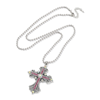 Cross Rhinestone Pendant Necklaces, with Antique Silver Alloy Ball Chains, Rose, 27.56 inch(70cm)