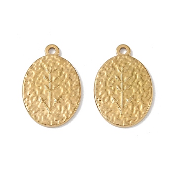 Stainless Steel Pendants, Textured, Oval with Ears of Wheat Charms, Golden, 23x16x1.5mm, Hole: 1.5mm