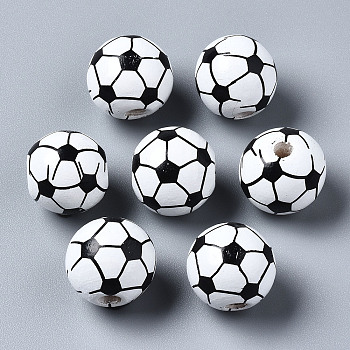 Painted Natural Wood European Beads, Large Hole Beads, Printed, Football, White, 16x15mm, Hole: 4mm