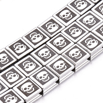 Electroplate Non-magnetic Synthetic Hematite Beads Strands, Square with Skull, Platinum Plated, 8x8x5mm, Hole: 2mm, about 50pcs/strand, 15.7 inch