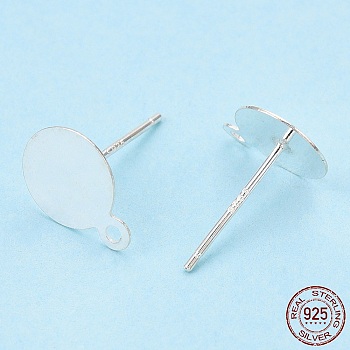 925 Sterling Silver Stud Earring Settings, with Horizontal Loops, Flat Pad, with S925 Stamp, Silver, 10.5x8mm, Hole: 1.2mm, Pin: 0.7mm