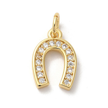 Rack Plating Brass Clear Cubic Zirconia Pendants, with Jump Ring, Long-Lasting Plated, Lead Free & Cadmium Free, Horse Shoes, Real 18K Gold Plated, 13x9x2mm, Hole: 3mm