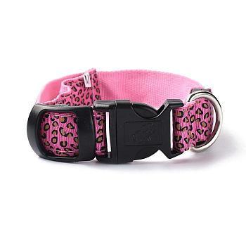 Adjustable Polyester LED Dog Collar, with Water Resistant Flashing Light and Plastic Buckle, Built-in Battery, Leopard Print Pattern, Hot Pink, 355~535mm