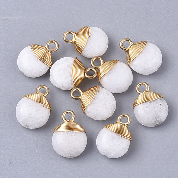 Natural White Jade Pendants, with Golden Tone Brass Wires and Iron Loops, Half Drilled, Flat Round, Dyed, 14~15x10~11x5~6mm, Hole: 1.5~2mm