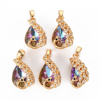 Rack Plating Brass Micro Pave Clear Cubic Zirconia Charms, with Faceted Glass, Long-Lasting Plated, Cadmium Free & Lead Free, Peacock, Dark Orchid, 22x12.5x10mm, Hole: 3x4mm